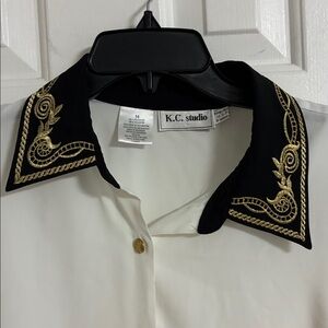 KC STUDIO White and Black Button-Up Shirt with Gold Accents